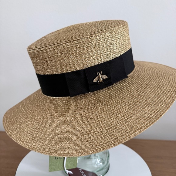 Gucci Accessories - Gucci Gold Lame Woven Straw Bee Boater Hat Black Grosgrain Ribbon 454667 Small